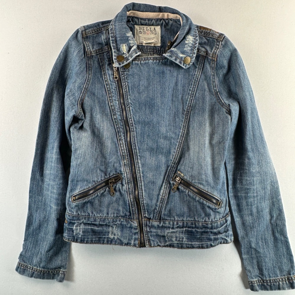 Billabong Womens Denim Moto Jacket Distressed Blue Zipper Sleeve Retro Sz Medium - Picture 2 of 14